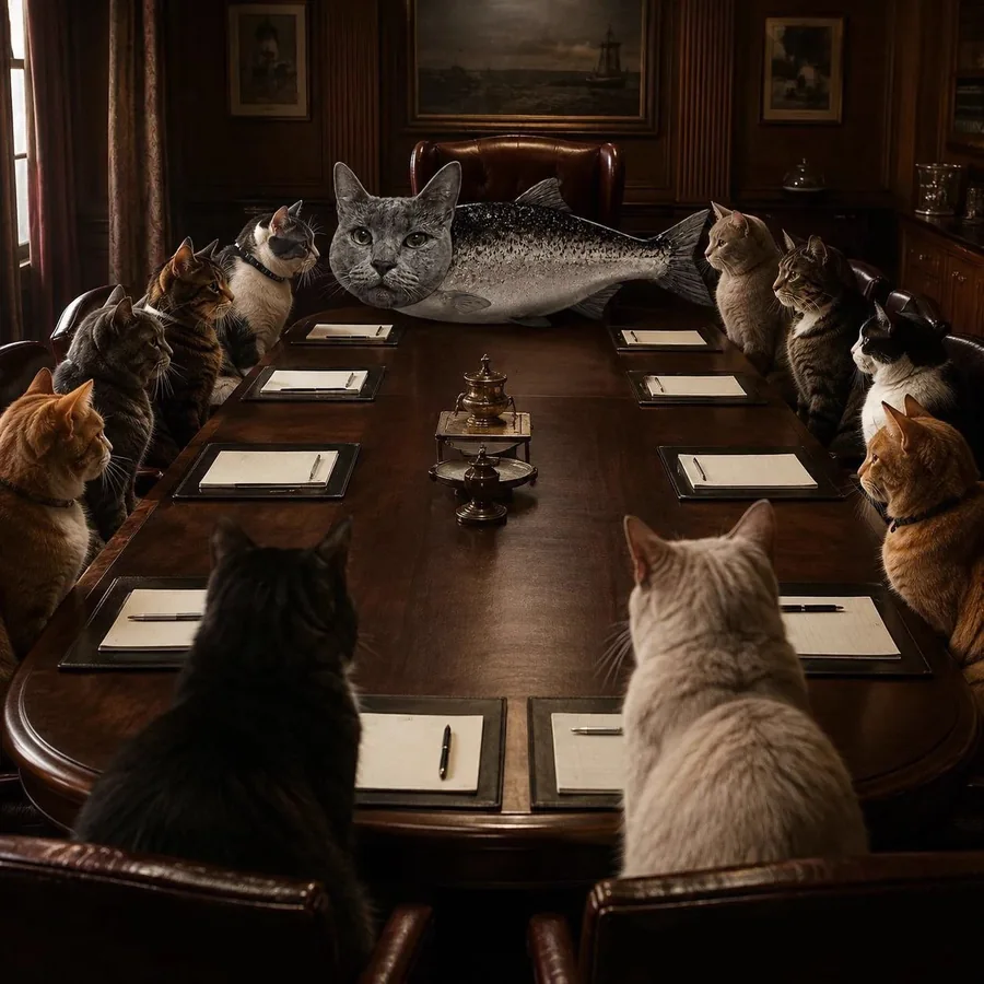 Cats seated around a boardroom table with KOTFISH laid out on it
