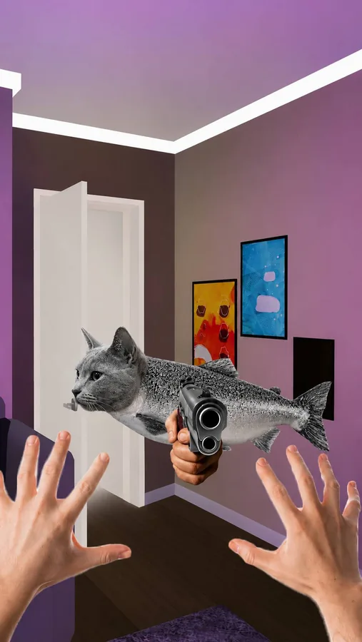 KOTFISH hovering in a doorway as two hands reach toward him