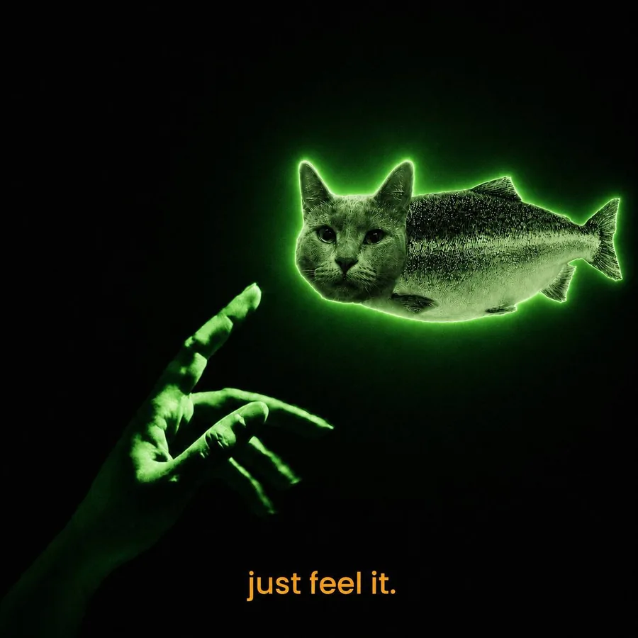 A neon green outline of KOTFISH above a reaching hand