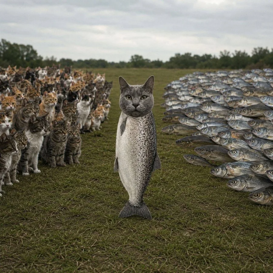 A field with rows of cats on one side and rows of KOTFISH on the other